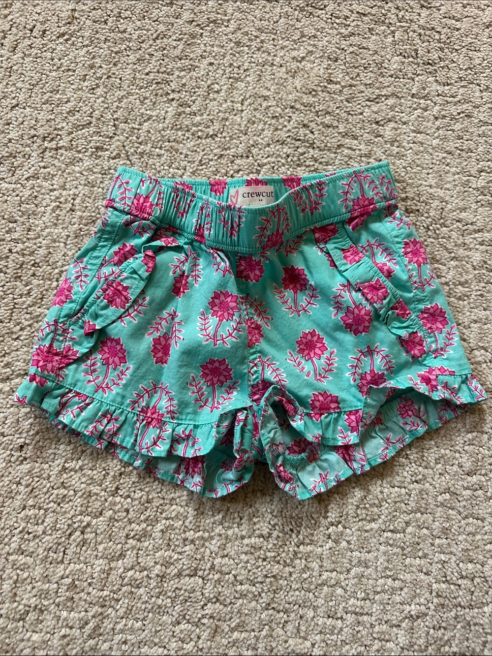 Crewcuts Turquoise Shorts with Pink Floral Ruffle Trim